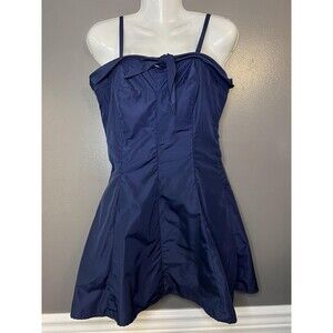 Vintage Loomtogs Swim Dress Womens Small Navy Blue One Piece Bow Zip Back 50s